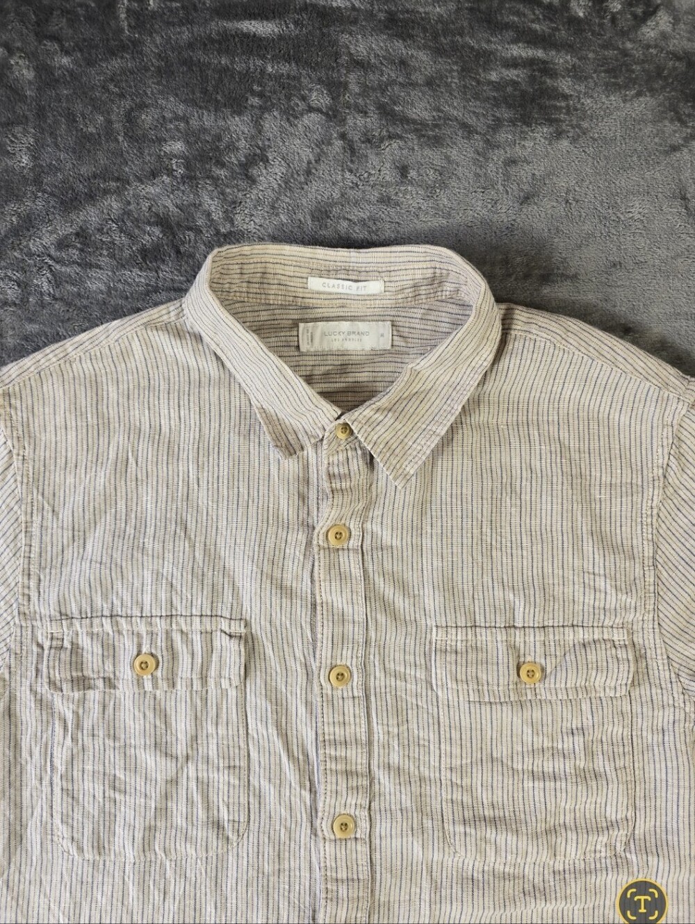 Lucky Brand Short Sleeve Linen Blend Button Up  Shirt Size Medium Beige Striped